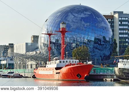 Kaliningrad, Russia - September 30, 2020: Ship Floating Lighthouse Irbensky Stands On The Roadstead 