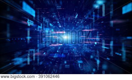 Blue Digital Cyberspace And Digital Data Network Connections Concept. Transfer Digital Data Hi-speed