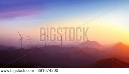 Wind Turbine Generating Electricity. Power Plant With Wind Turbine In Wind Farm, Clean Energy Genera