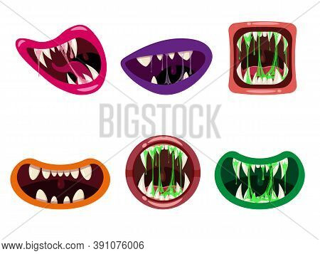 Set Monsters Mouths Creepy And Scary. Funny Jaws Teeths Tongue Creatures Expression Monster Horror S