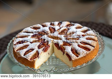 Delicious Plum Cake Sprinkled With Powdered Sugar