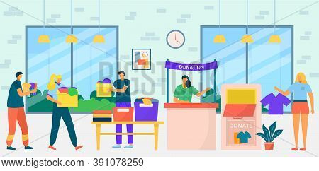 Charity Donation Work, People Collect Clothes For Donation Care, Vector Illustration. Social Assista