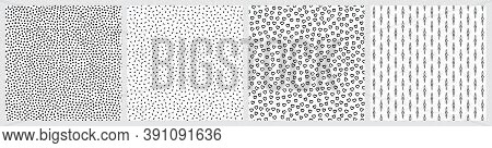 Set of black and white seamless patterns with hand drawn hearts, confetti, polka dot, sprinkles, and boho leaf motifs.
