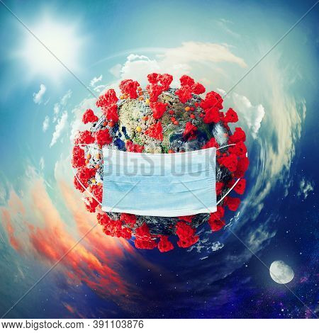 World With The Shape Of Covid-19 Coronavirus And Mask. Concept Of Pandemic And Contagio Protection.