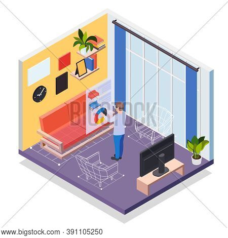 Augmented Reality Furniture Isometric Concept With Man In Vr Headset Simulating His Presence In Virt