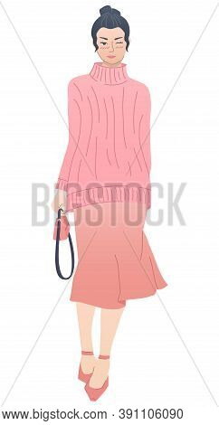 Beauty Wears Trendy Outfit. Charming Slim Woman In Long Sweater And Flying Satin Slip Skirt. Women A