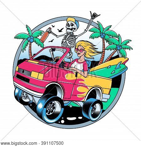 Surfing T-shirt Vector Designs. Surf Van With Crazy Skeleton And Blondie Girl. Vector Illustration.
