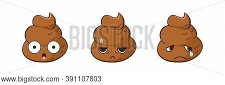 Vector Cute Poop Emoji Set With Shocked, Tired And Depressed Smiles. Funny Isolated Emoticons With E
