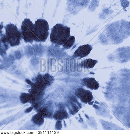 Blue Indigo Tie Dye. Grunge Spiral. White Print Psychedelic. Shirt Vintage Design. White Hippie Text