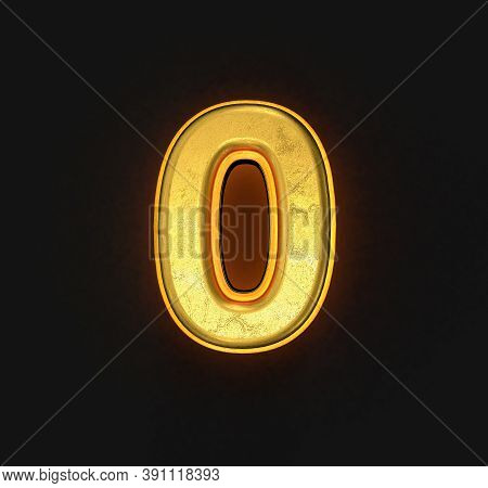 Vintage Gold Metalline Font With Orange Outline And Backlight - Number 0 Isolated On Black, 3d Illus