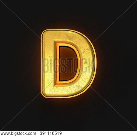 Vintage Gold Metalline Font With Orange Outline And Backlight - Letter D Isolated On Black, 3d Illus