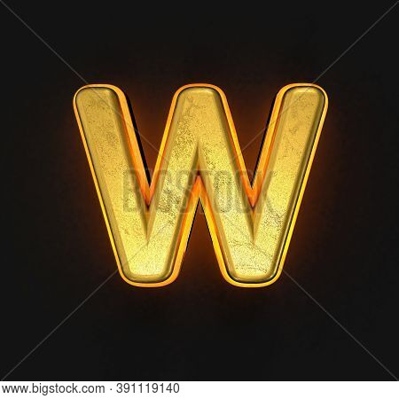 Aged Gold Brassy Alphabet With Yellow Outline And Backlight - Letter W Isolated On Black Background,