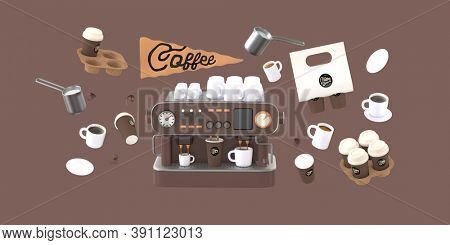 Coffee shop 3D render - coffee machine -modern concept digital illustration of a coffee maker with cups on the top, surrounded by takeout coffee packs and cups. Creative landing web page header