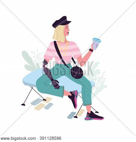 Young Girl With A Bionic Prosthetic Larm. People With Disabilities And Healthy Lifestyle Concept