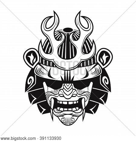 Japanese Samurai With Black Mask. Japan Warrior Flat Image. Vintage Vector Illustration. Military Ar