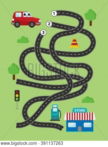 Labyrinth For Preschool Children. Help The Car Find Right Way To Market. Cute Cartoon Kawaii Charact