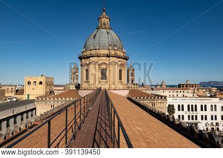 Palermo, Sicily - February 8, 2020: The Roof, Pathway With Railing And Cupola Of Palermo Cathedral W