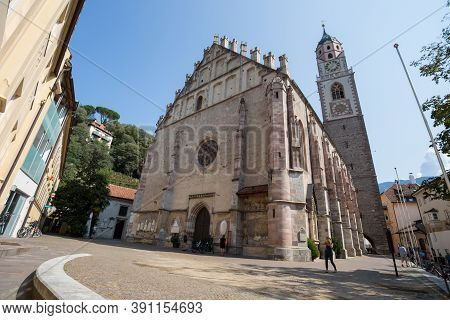 Merano, Italy, September 13, 2020 - View Of  San Nicolò Cathedral In Merano, Bolzano Province, Italy
