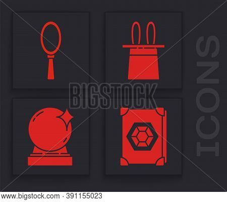 Set Ancient Magic Book, Magic Hand Mirror, Magician Hat And Rabbit Ears And Magic Ball Icon. Vector