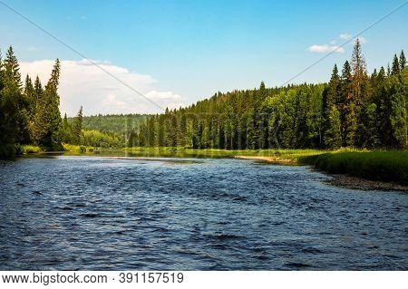 Beautiful North River Usva, Ural Mountains, Perm Region, Russia. Blue Water, Green Forests, Shores A