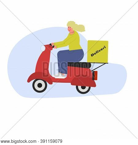 Girl Courier Blonde Without Helmet Courier On A Scooter. Vector Illustration In Flat Style.