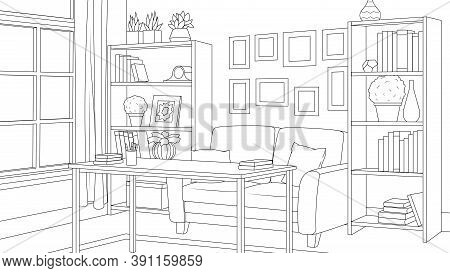 Vector Illustrationvector Illustration, Room With Bookshelves, Sofa And Desk, Coloring Book