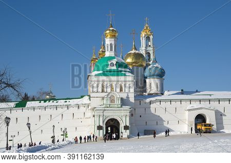 The Main Entrance To The Holy Trinity St. Sergius Lavra. Holy Gate And Red Tower. Sergiev Posad, Mos