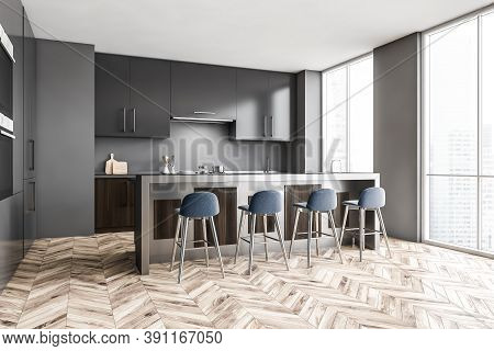 Corner Of Stylish Kitchen With Gray Walls, Wooden Floor, Grey Cupboards And Bar With Stools. 3d Rend