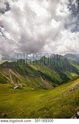Landscape With Swiss Alps Mountains And Green Nature. Photo Taken At Fluebrig.