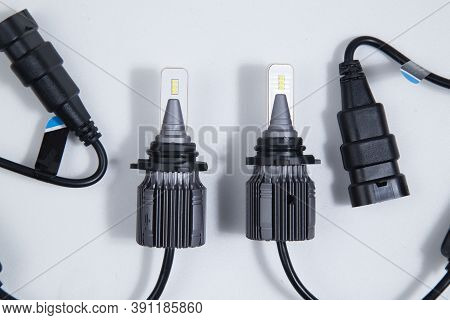 Led Car Lights On A White Background. Mounting Base Hb4.