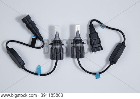 Led Car Lights On A White Background. Mounting Base Hb4.