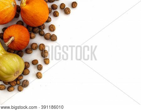 Motive With Walnuts Pumpkin And Patyzone On White Background