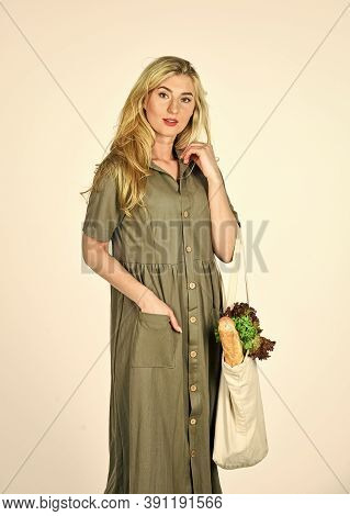 Reusable Bag. Grocery Store. Zero Waste. Girl In Dress Carry Shopper. Woman Holding String Shopping 