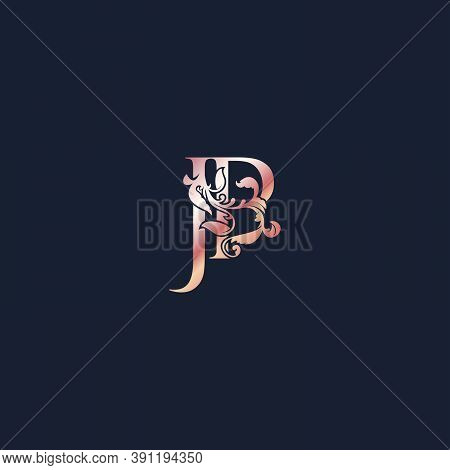 Initial Logo Letter J And P, Jp, Rose Gold Color Luxury Style Vector Design Template.