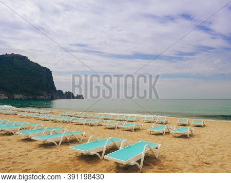 Empty Sunbeds At Kleopatra Beach In Alanya