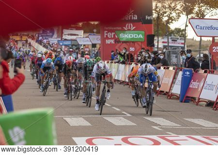 Ejea De Los Caballeros, Spain - October 23, 2020: Cyclists From Different Teams, Pedaling Hard In Th