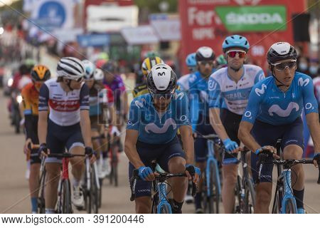 Ejea De Los Caballeros, Spain - October 23, 2020: Cyclists, Athletes, In The Area Of The Finish Line