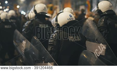 Warsaw, Poland 23.10.2020 - Protest Against Polands Abortion Laws. Police In Full Uniform With Shiel