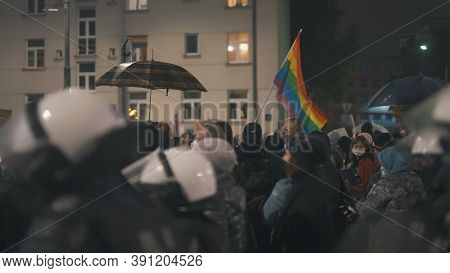 Warsaw, Poland 23.10.2020 - Protest Against Polands Abortion Laws. Police In Full Uniform With Shiel