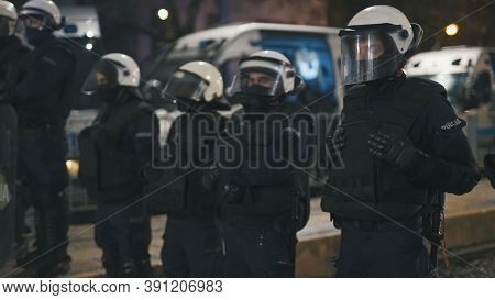 Warsaw, Poland 23.10.2020 - Protest Against Polands Abortion Laws. Police In Full Uniform With Shiel