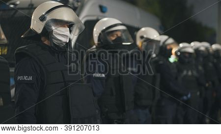 Warsaw, Poland 23.10.2020 - Protest Against Polands Abortion Laws. Police In Full Uniform With Shiel