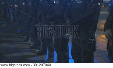 Warsaw, Poland 23.10.2020 - Protest Against Polands Abortion Laws. Police In Full Uniform With Shiel