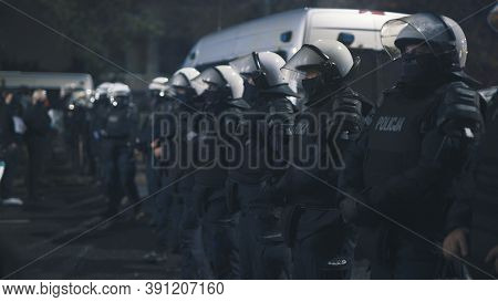 Warsaw, Poland 23.10.2020 - Protest Against Polands Abortion Laws. Police In Full Uniform With Shiel
