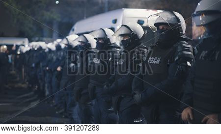 Warsaw, Poland 23.10.2020 - Protest Against Polands Abortion Laws. Police In Full Uniform With Shiel
