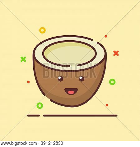 Oconut Cute Mascot Face Emotion Happy Fruit With Color Flat Cartoon Outline Style