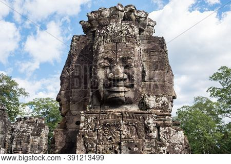 The Mystery Face Tower In Bayon Temple The State Temple Of The Mahayana Buddhist King Jayavarman Vii