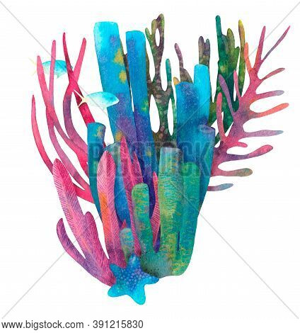 Hand Drawn Underwater Sea Life Decorative Composition. Beautiful Watercolor Bright Red, Blue And Cor
