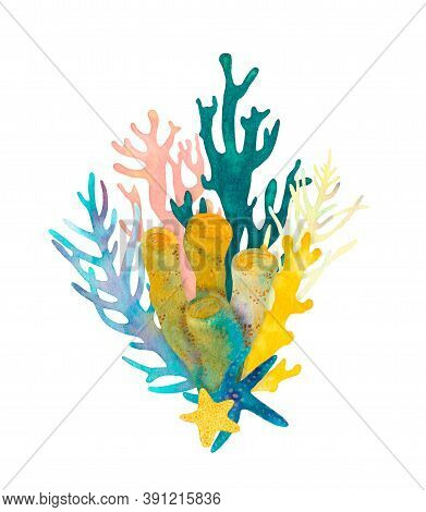 Hand Drawn Underwater Sea Life Decorative Composition. Beautiful Watercolor Bright Green, Pink And Y