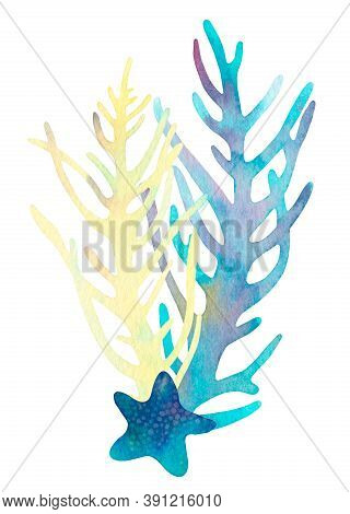 Hand Drawn Coral Reef Sea Decorative Composition. Beautiful Watercolor Bright Blue Starfish, Yellow 