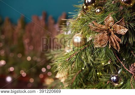 Christmas Decor. Natural Pine Branch With Christmas Decoration Close-up On Background Jf Christmas L